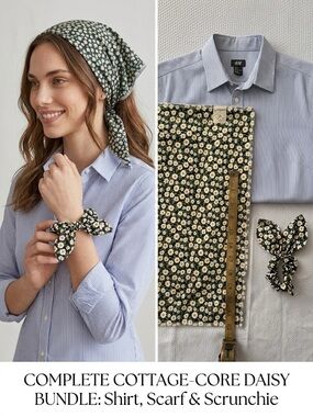 3pc Cottagecore Daisy Bundle: H&M Striped Shirt L, Floral Scarf & Scrunchie